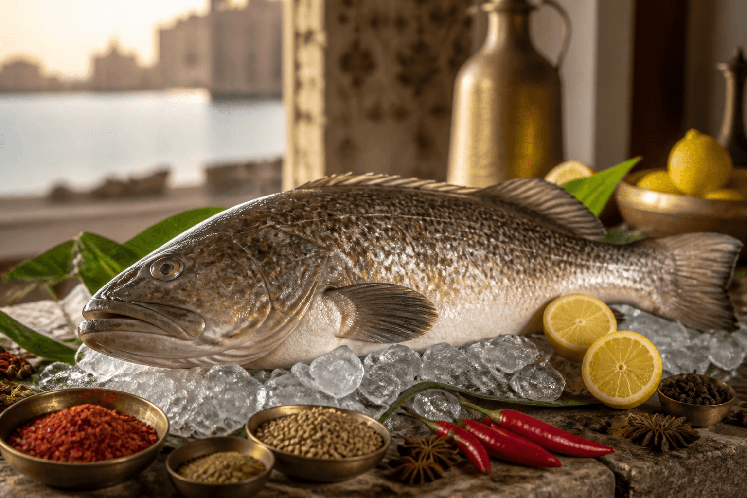 Fresh whole grouper hammour with lemon and spices on ice