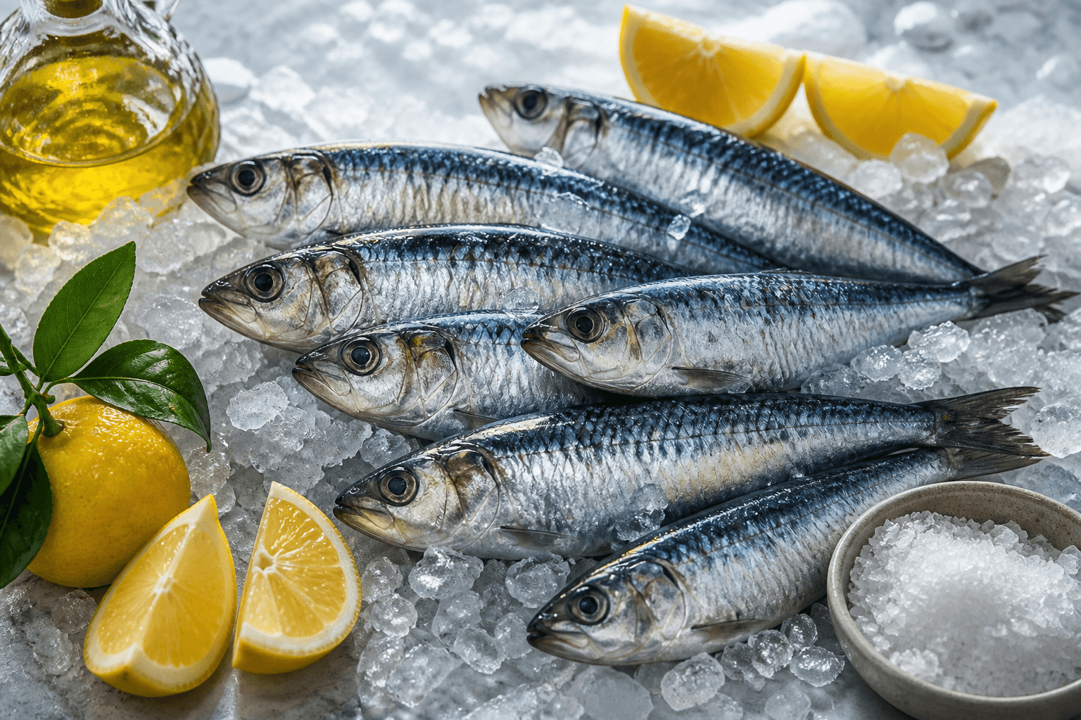 Fresh Atlantic sardines on ice with lemon and sea salt