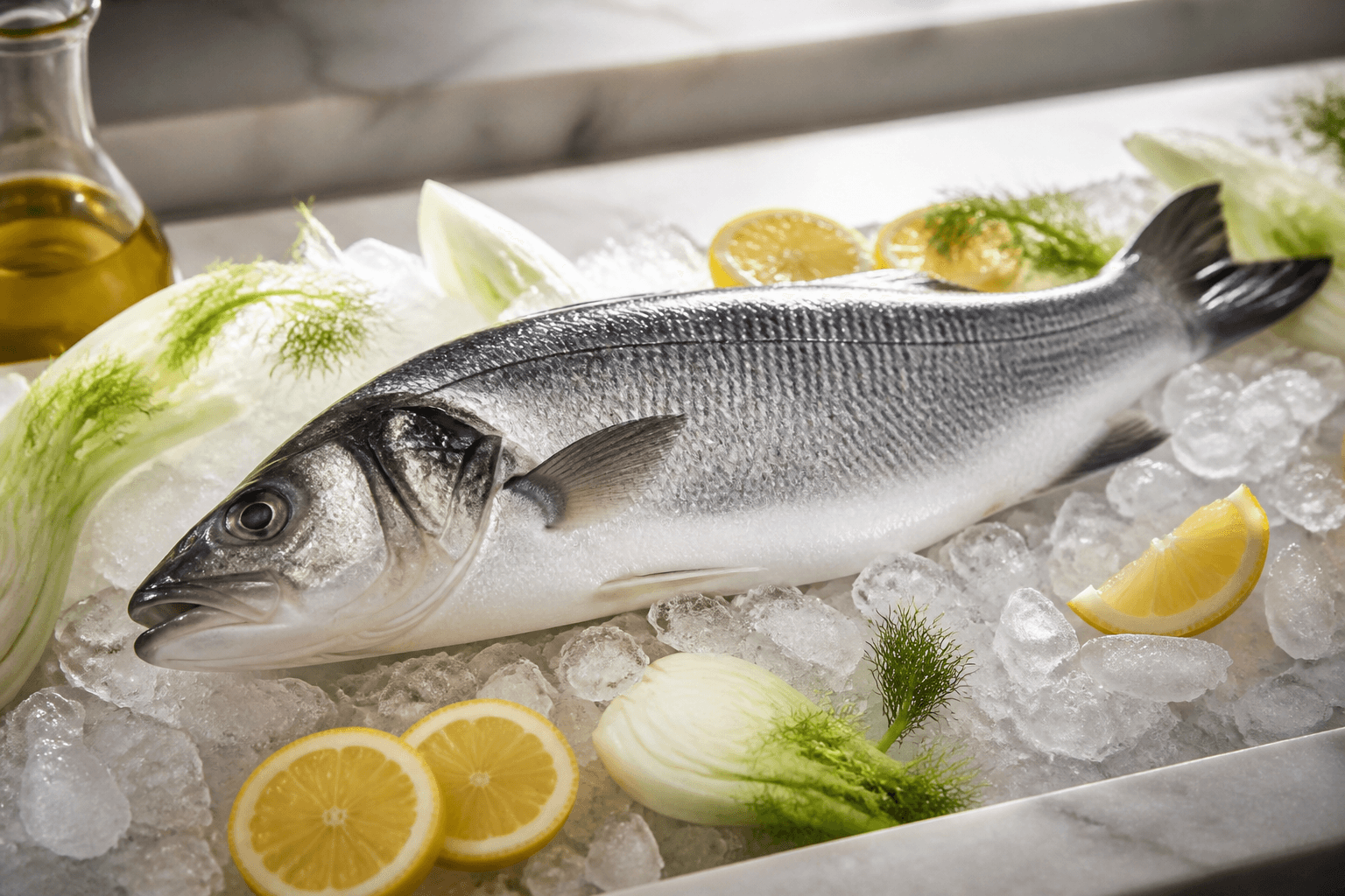 Fresh whole Mediterranean sea bass with lemon, fennel, and olive oil