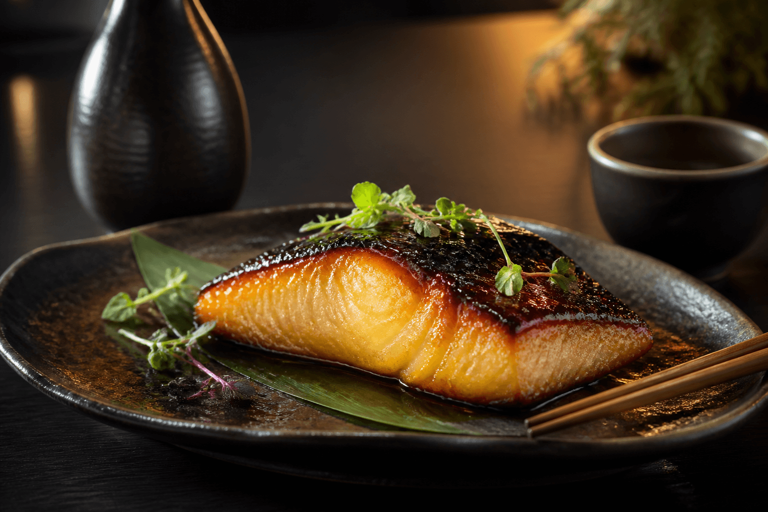 Miso-glazed black cod with lacquered glaze on a dark ceramic plate