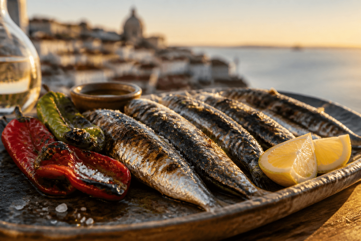 Charcoal-grilled Portuguese sardines with lemon and olive oil
