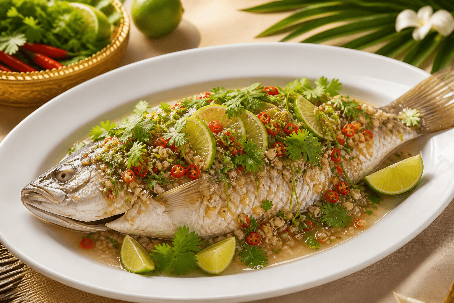 Whole Thai steamed fish with lime chilli garlic sauce and cilantro