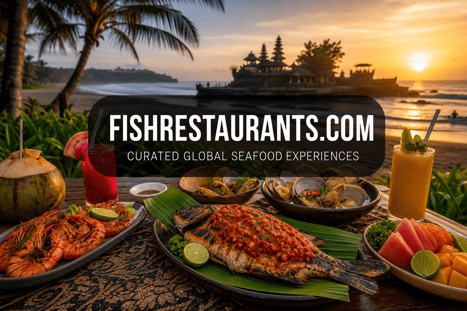 Grilled fish and sambal seafood feast on a Bali beach at golden hour — FishRestaurants.com guide