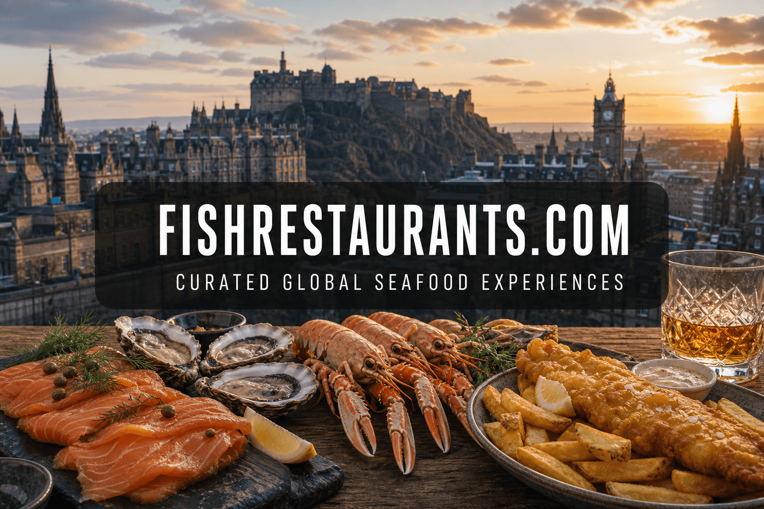 Scottish smoked salmon and oysters with Edinburgh skyline — FishRestaurants.com guide