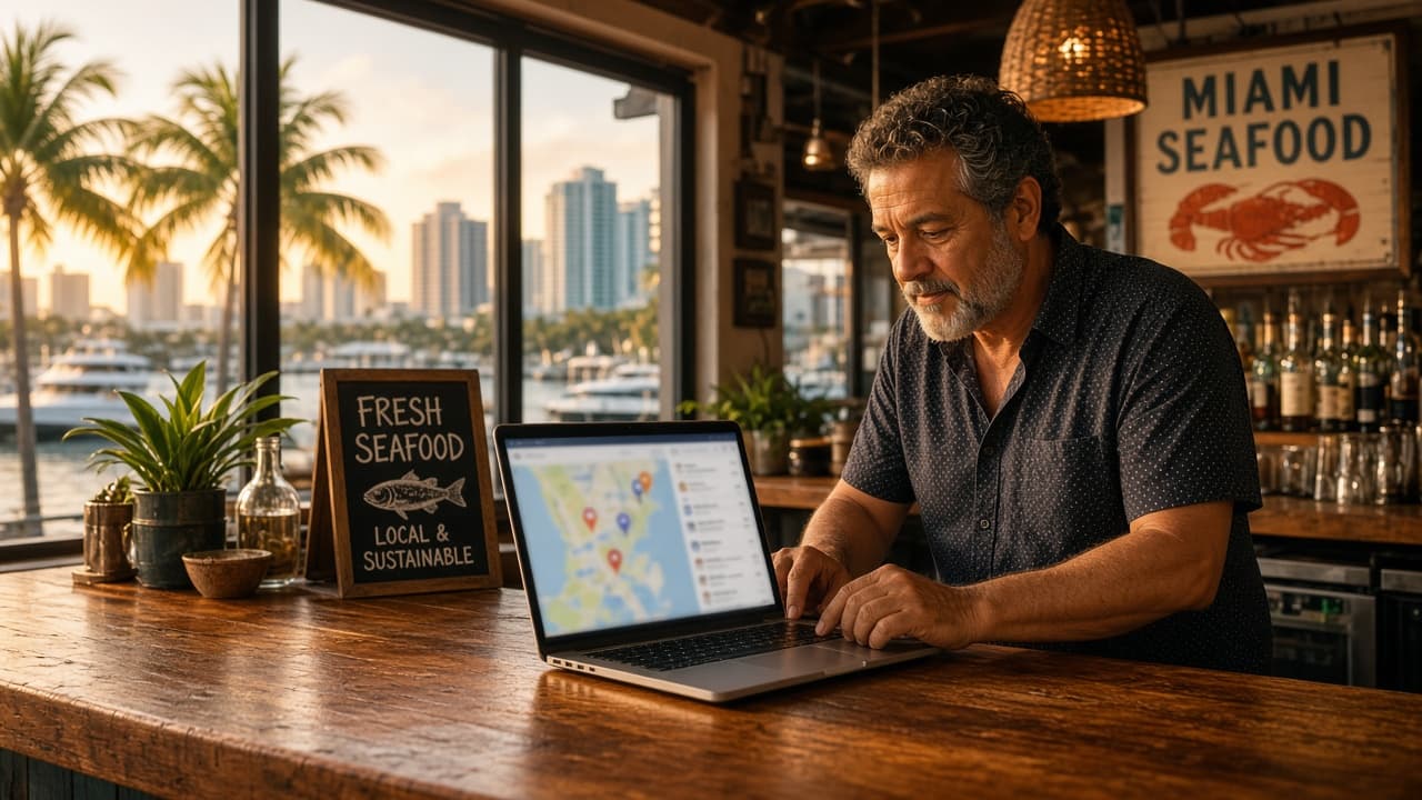Miami seafood restaurant owner reviewing local listings on a laptop at the bar
