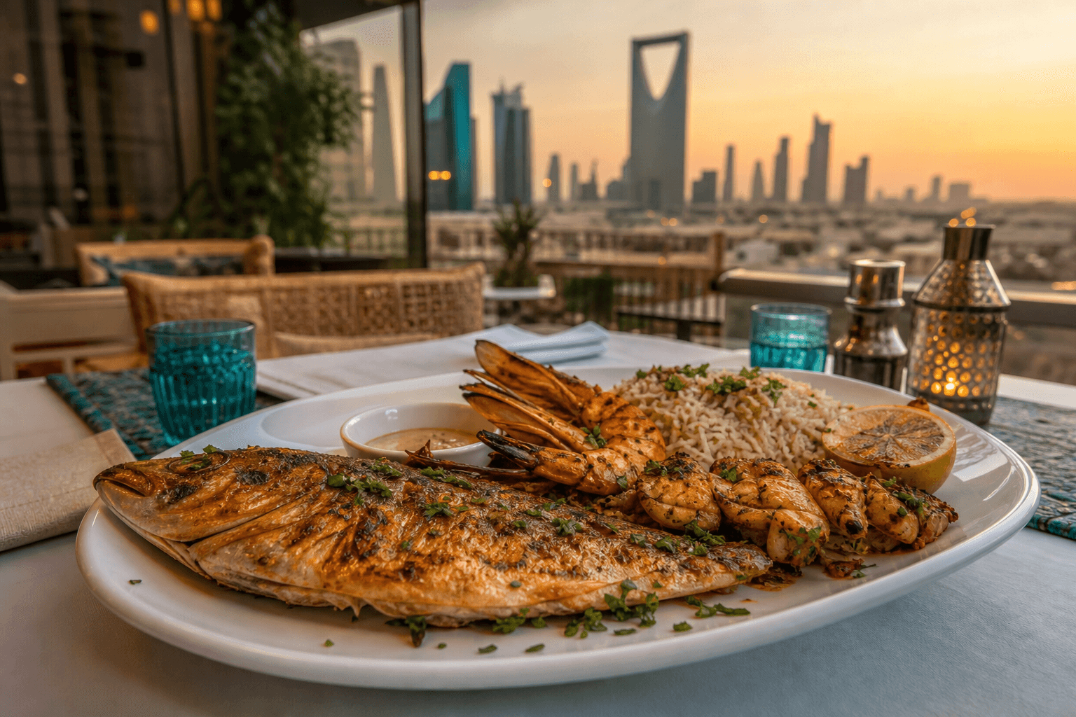 Grilled fish and shrimp platter at a Riyadh seafood restaurant — dining guide