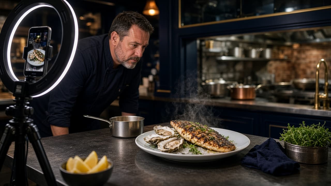 Seafood restaurant team photographing a plated fish dish for Instagram