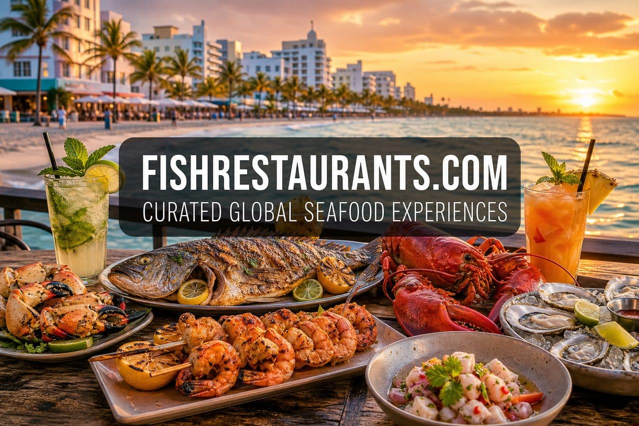 Tropical Miami seafood feast with citrus, grilled fish, and coastal dining energy