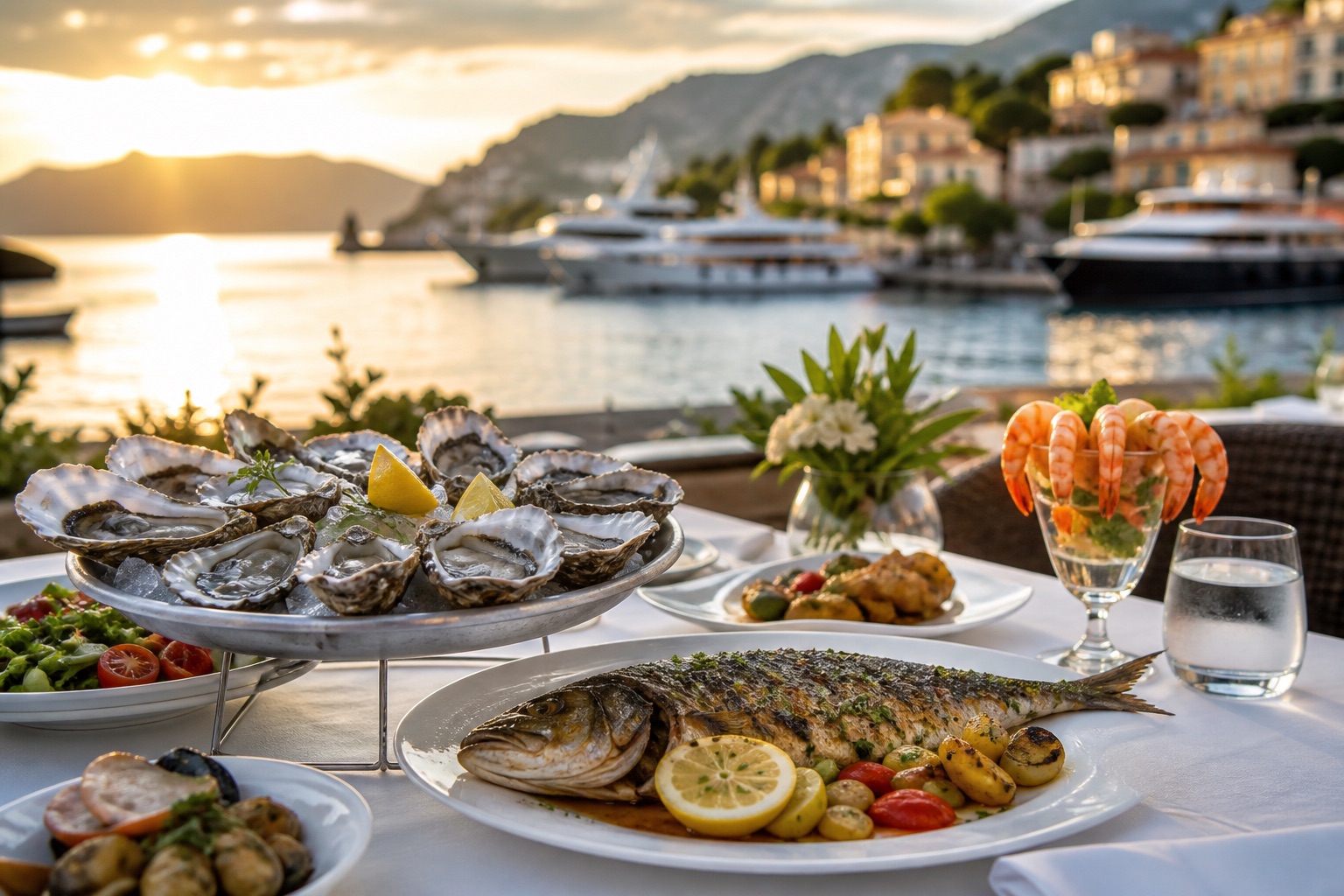Grilled whole fish and oysters by the harbour at sunset